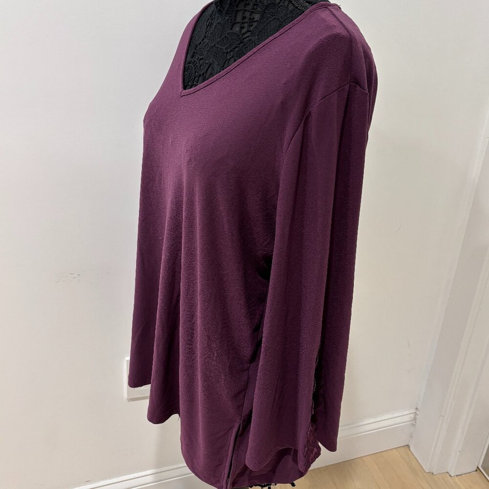 Deep violet Susan Graver Liquid Knit v-neck tunic, lacy sleeves, XL 🎁 Sale 🎁